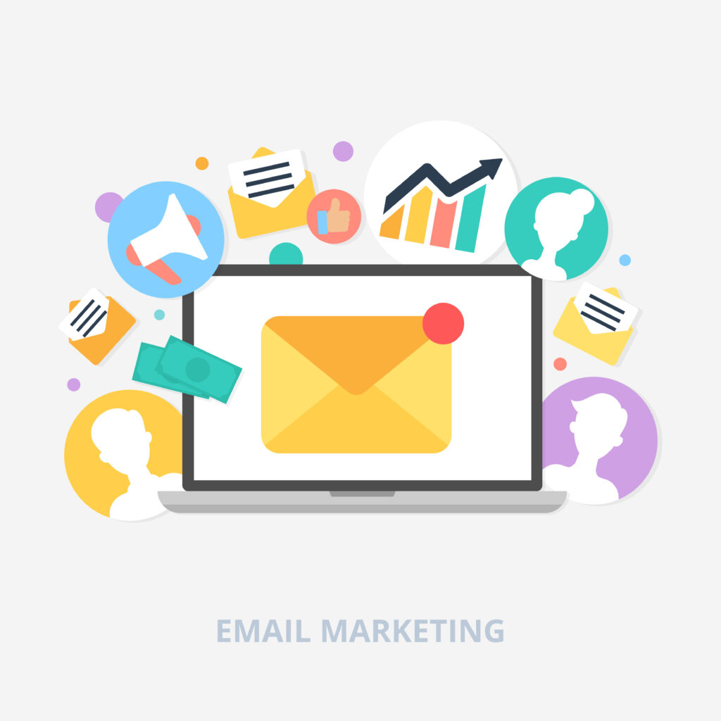 A graphic of a laptop and icons with the subtitle 'email marketing'